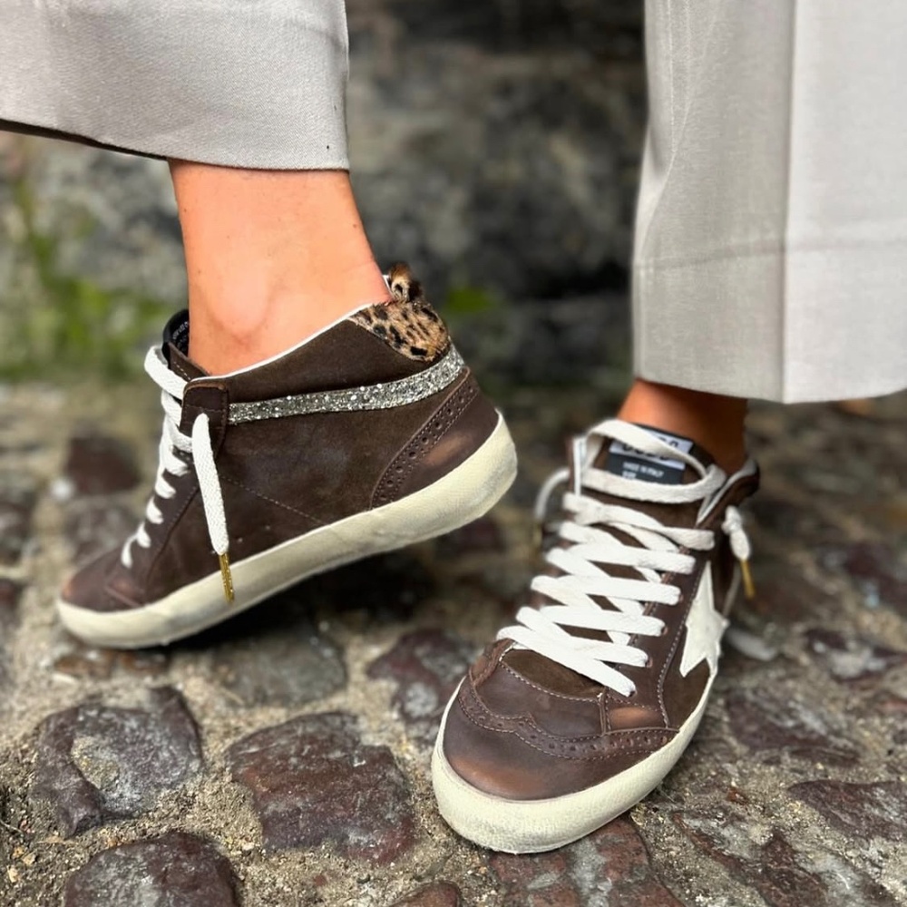 Golden Goose Mid Star Sneaker Brown Leather/Silver Glitter/Leopard 37 New in Box